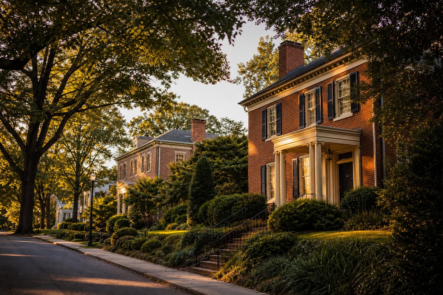 Concept image of a golden-hour tree-lined historic Raleigh, North Carolina neighborhood street